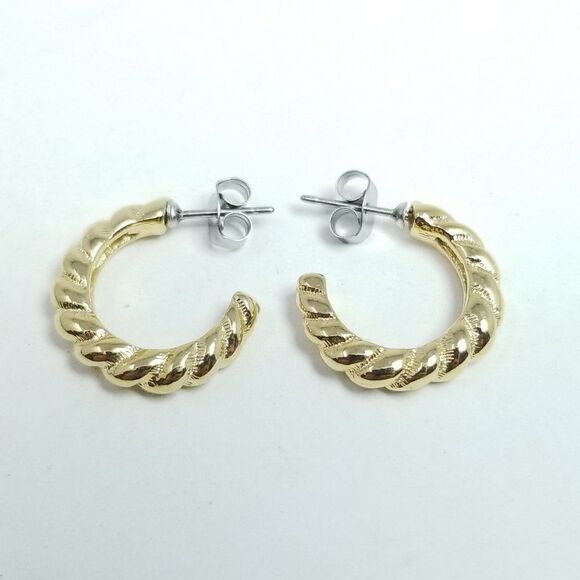 Vintage Little Gold Tone Huggie Hoop Earrings, Small Spiral Design, Estate - Picture 5 of 5